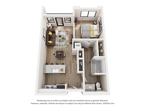 Floor plan for studio, 1 bath, 635 sqft